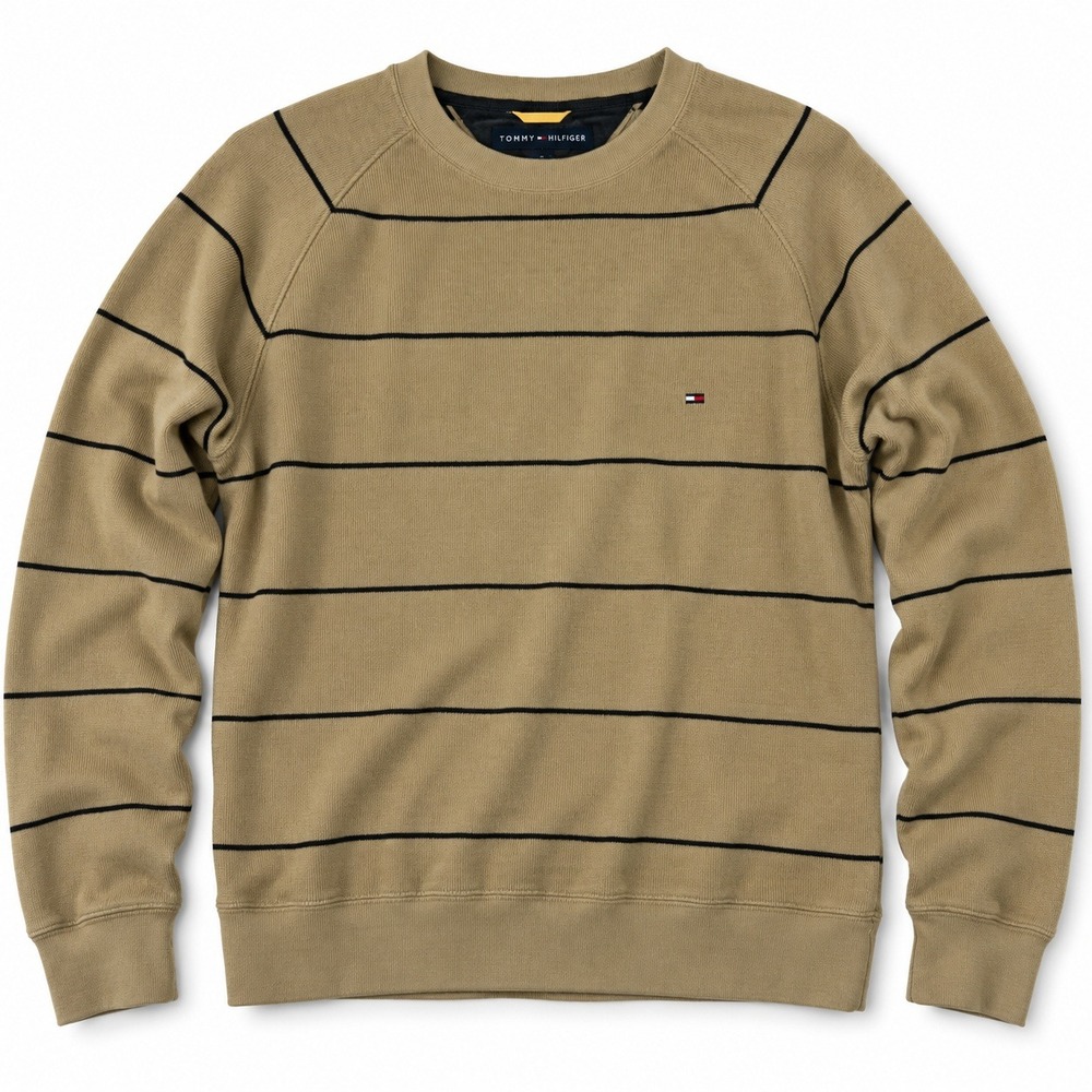 Tommy Hilfiger Striped Crewneck Sweatshirt Mens Small Tan Khaki Cotton Raglan